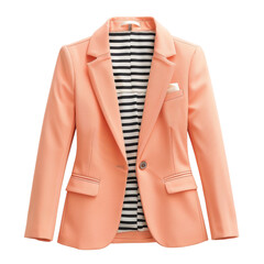 A peach-colored blazer with a striped shirt underneath