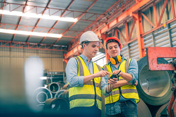 Caucasian industrial engineer men controlling overhead crane with remote in factory. Worker partner wear safety helmet vest lifting heavy metal coil material. Manufacturing hoist machine logistics