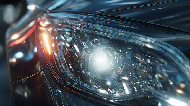 A car headlight is lit up with a bright white light