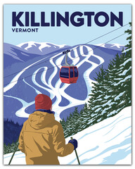 Killington vermont, scenic winter ski resort illustration with snowy mountains cable car alpine adventure travel poster © Kayla Quentin
