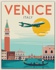 Venice travel poster featuring iconic canals gondola skyline vintage Italian tourism illustration art destination cityscape heritage culture design © Kayla Quentin