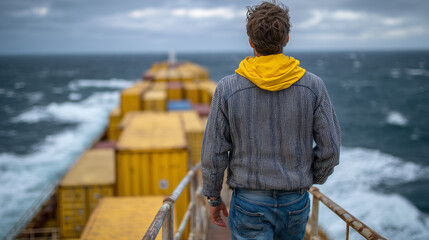 Back view of man strolling along cargo ship deck, wind rippling clothes, containers and railings leading toward horizon, peaceful yet industrial maritime scene