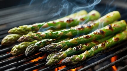 Grilled asparagus close-up on a barbecue