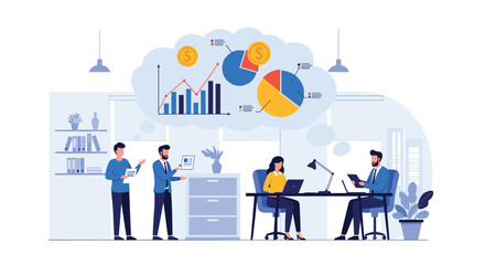 Group of business people discussing financial data and charts shown in a large thought bubble in a corporate office.