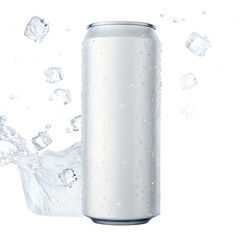 Realistic empty aluminum can mockup with ice cubes and water splash isolated on a transparent background