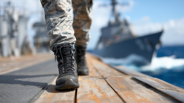 Close-up rear perspective of military boots stepping along steel deck plates, uniformed figure walking forward, ship structures and ocean softly blurred, naval duty and service vis