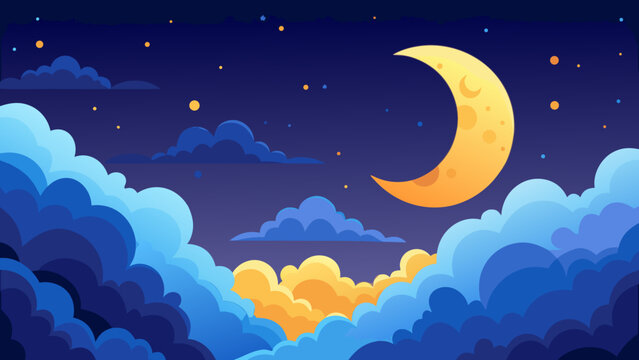 Crescent moon shining brightly above a sea of fluffy blue and golden clouds at night