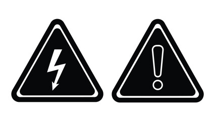 Black and white warning signs depicting electricity and general caution