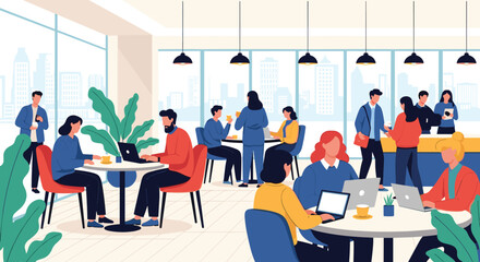 Fototapeta premium Diverse group of professional people working in a spacious open-plan office with city views and many tables and plants.