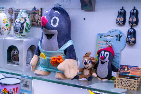 Plush toys of Krtek Mole famous character from Czech animated series created by Zdenek Miler. Toy Mole cartoon figurine souvenir from Prague, Czech Republic - October 31, 2025