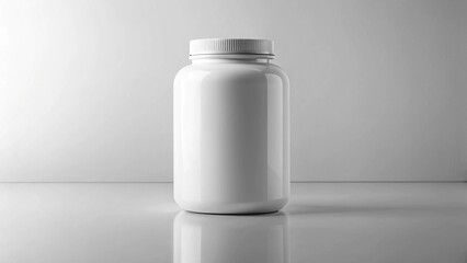 White mockup nutrition bottle premium look, empty branding area, soft reflections