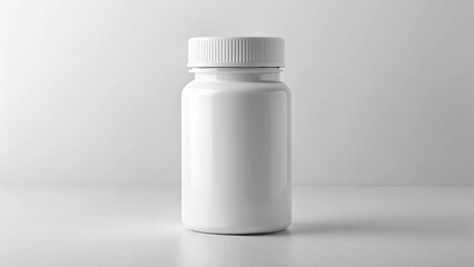 White mockup medical bottle with cap removed, blank body, technical packaging view.