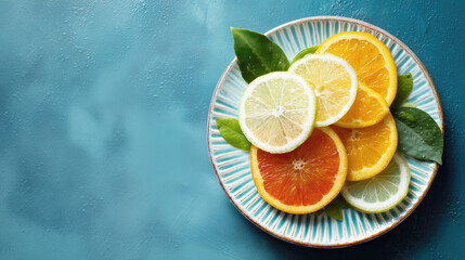 Fresh citrus slices: Lemon, lime, and orange slices (including blood orange) arranged on striped ceramic plate with green leaves, set on textured turquoise background. Vibrant healthy fruit display