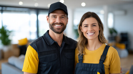 Close-up of cheerful man and woman showing repairman work area, clean spacious home with soft daylight, trust, reliability, and quality home repair service concept