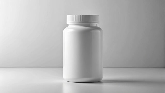 White mockup vitamin bottle realistic proportions, blank surface, clean studio environment.