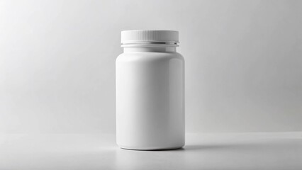 White mockup pill bottle, minimal lighting, blank surface, pharmaceutical branding visualization.