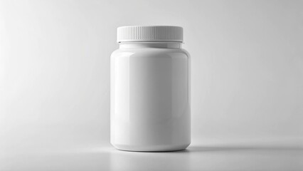 White mockup supplement bottle, plastic texture, empty branding zone, professional retail packaging.