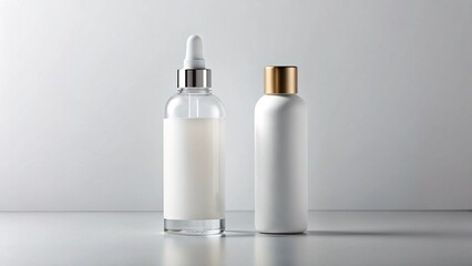 White mockup glass bottle realistic proportions, blank label area, professional cosmetic presentation.