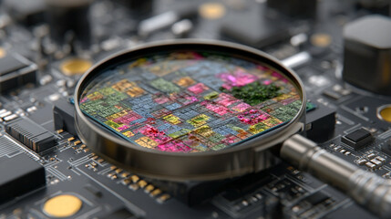 Environmental sensor chip imagery portraying micro-scale detection components, monitoring precision cues, environmental data capture indicators, and  