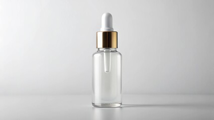 White mockup serum glass bottle cylindrical, blank front face, refined studio lighting.