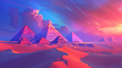 Glowing pop art interpretation of the pyramids of giza in a vibrant desert scene