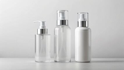White mockup cosmetic bottle trio glass, aligned layout, blank surfaces, branding comparison.