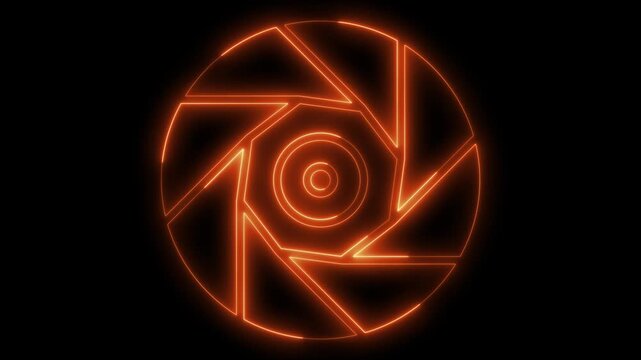 Bright glowing orange neon abstract geometric aperture animation on a dark black background, technology, science, data transfer, innovation, or modern digital interface