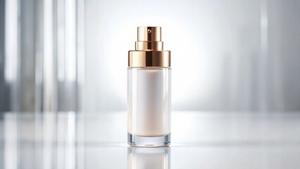 White mockup luxury cosmetic bottle, smooth glass texture, empty branding area, soft highlights.