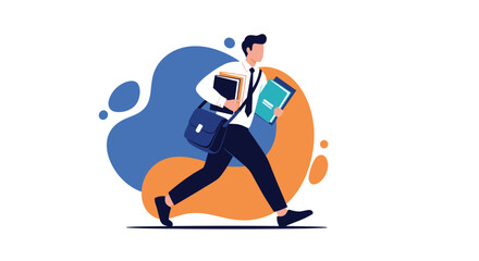 Determined young male student or teacher running while carrying a pile of books and a shoulder bag on a blue background.