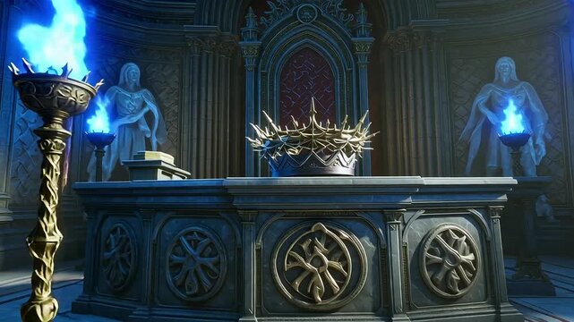 Mystical throne room with glowing blue torches and statues