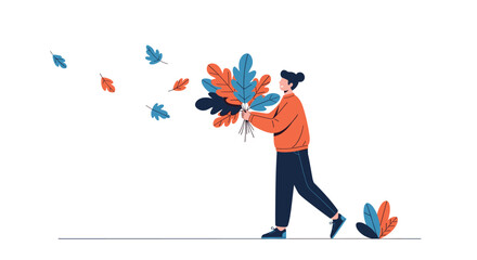 Person happily holding a large bouquet of colorful autumn leaves while more leaves blow around in the windy weather.