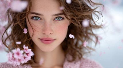 Fototapeta premium Close-up HD shot of cheerful woman with wind-blown hair, delicate cherry blossoms falling around her face, fresh spring makeup, bright vivid colors, soft neutral background with em