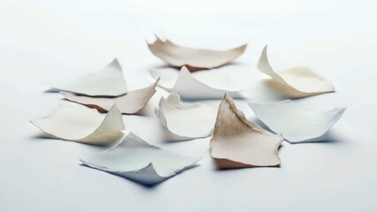 Neutral torn tracing paper fragments arranged in fragile overlay macro detail for abstract artwork inspiration