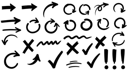 Hand drawn black marker arrows and scribbles set
