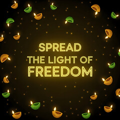 Neon sign with diwali lamps and inspirational message about freedom and light