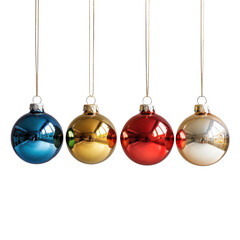 A row of colorful Christmas ornaments hanging from strings against a black background