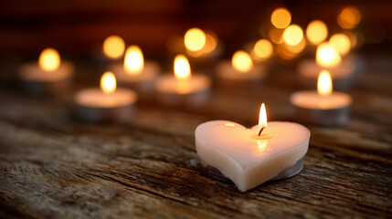 Close-up of candles arranged in heart shape on a wooden table, warm soft glow, romantic Valentineâs Day ambiance