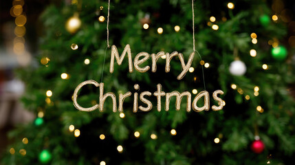 Christmas: Glittery gold "Merry Christmas" hanging decor, set against green Christmas tree with glowing lights and colorful ornaments (green, white, red)—festive holiday greeting decoration.