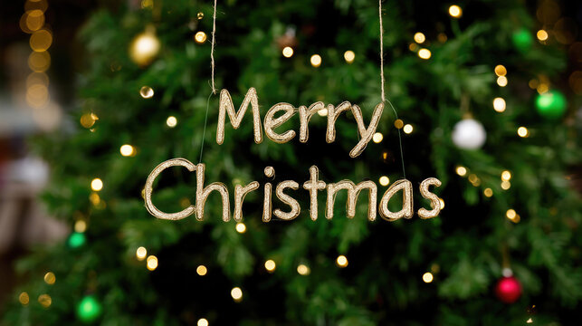 Christmas: Glittery gold "Merry Christmas" hanging decor, set against green Christmas tree with glowing lights and colorful ornaments (green, white, red)—festive holiday greeting decoration. - Powered by Adobe