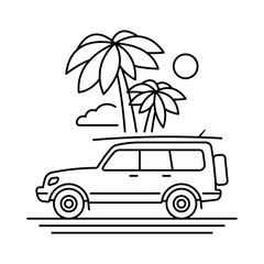 SUV, surfboard, and palm trees. Black outline line silhouette. Editable strokes. Side view. Vector simple flat graphic illustration. Isolated object on a white background. Isolate.