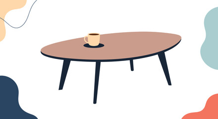 Single cup of hot black coffee on a saucer sitting on a large modern oval wooden table in a minimalist abstract room.