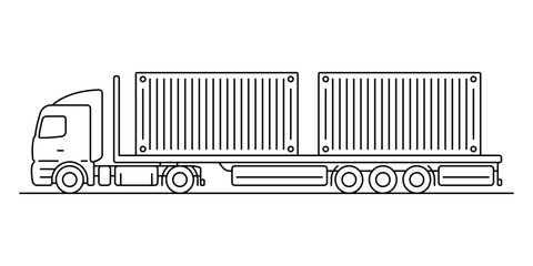 Truck tractor with a semitrailer and containers. Black outline linear silhouette. Editable strokes. Side view. Vector simple flat graphic illustration. Isolated object on a white background.