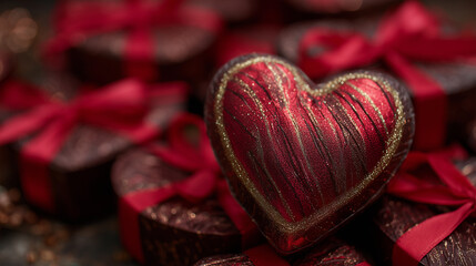 Close-up of chocolate heart boxes stacked in pile, red foil and ribbons, festive Valentineâs sweets concept