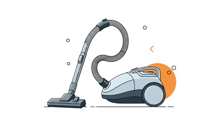 Modern gray canister vacuum cleaner illustration with a flexible hose and floor attachment on a clean white background.