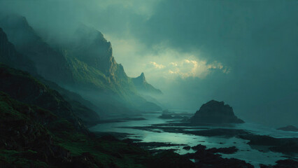 Dramatic Coastal Landscape with Fog