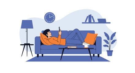 Obraz premium Young man relaxing on a comfortable blue sofa and using his smartphone in a cozy living room with plants and a lamp.