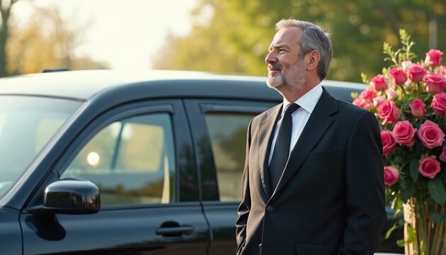 Mature man in black suit stands by funeral car near pink roses. Solemn occasion outdoors, showing respect, dignity, and quiet grief for loved one lost.