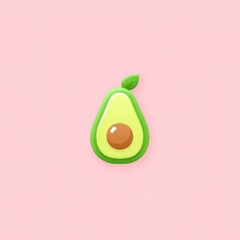 Pastel avocado icon with soft tones, minimal style, green fruit illustration, seed, and leaf on pink background, cheerful and modern design for healthy food concepts