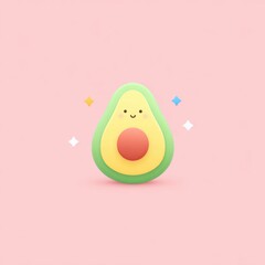 Cute pastel avocado icon with smiling face, soft tones, minimal style, and playful mood on pink background, perfect for children or kawaii design themes