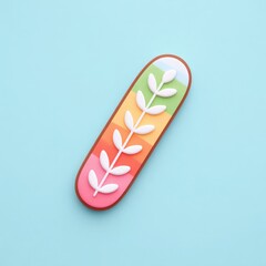 Pastel baguette bread icon with soft tones, minimal style, colorful stripes, and white leaf decoration on blue background, cheerful and modern design